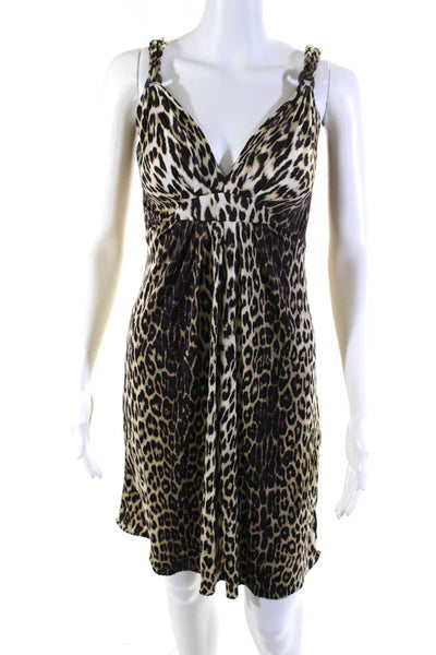 Elie Tahari Womens Silk Animal Print A Line Dress Beige Brown Size Small