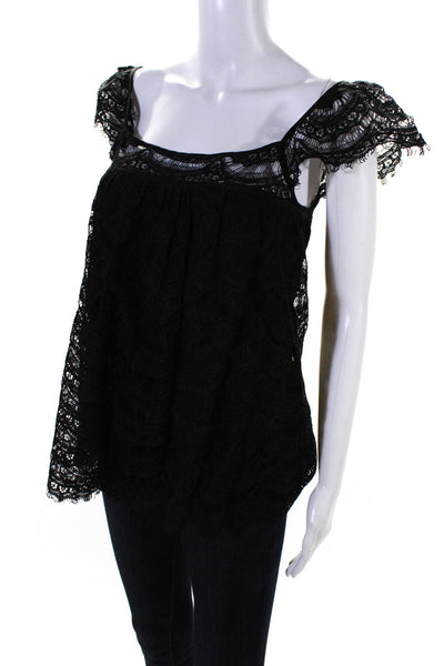 Milly Womens Scoop Neck Ruffled Lace Overlay Top Blouse Black Size 2