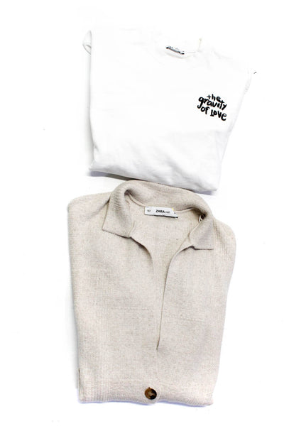 Zara Womens Cardigan White Graphic Crew Neck Pullover Sweatshirt Size M S Lot 2