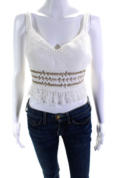 Surf Gypsy Womens White Gold V-Neck Fringe Edge Sleeveless Cropped Top Size S