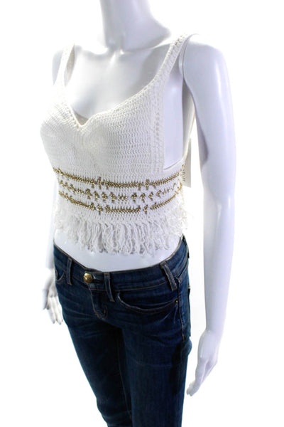 Surf Gypsy Womens White Gold V-Neck Fringe Edge Sleeveless Cropped Top Size S