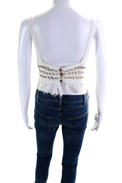 Surf Gypsy Womens White Gold V-Neck Fringe Edge Sleeveless Cropped Top Size S