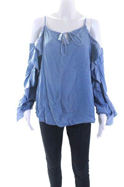 Rachel Rachel Roy Womens Long Sleeve Cold Shoulder Ruffled Top Blue Size Medium