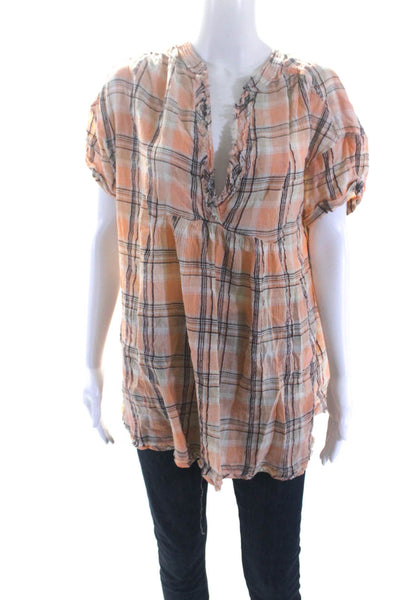 Free People Womens Short Sleeve V Neck Plaid Oversized Shirt Orange White Small