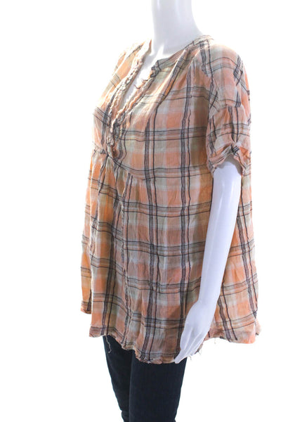 Free People Womens Short Sleeve V Neck Plaid Oversized Shirt Orange White Small