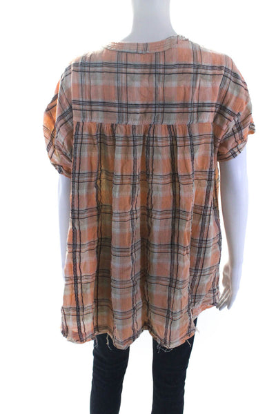 Free People Womens Short Sleeve V Neck Plaid Oversized Shirt Orange White Small