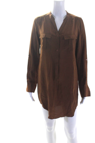 Haute Hippie Womens Long Sleeve Half Button Silk Shirt Dress Brown Size Small