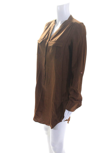 Haute Hippie Womens Long Sleeve Half Button Silk Shirt Dress Brown Size Small