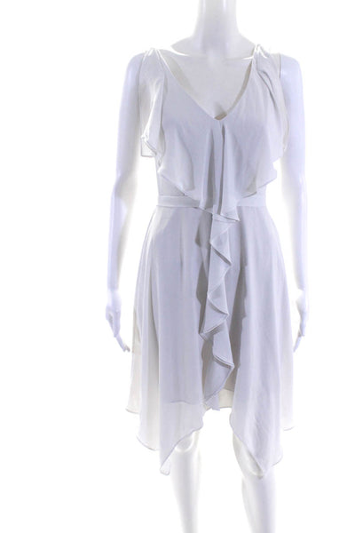 BCBGMAXAZRIA Womens Back Zip Sleeveless Ruffled Shift Dress White Size 0