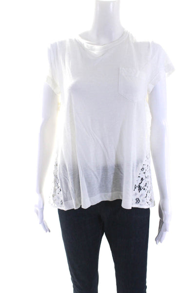 Designer Womens White Lace Trim Pocket Crew Neck Short Sleeve Blouse Top Size M