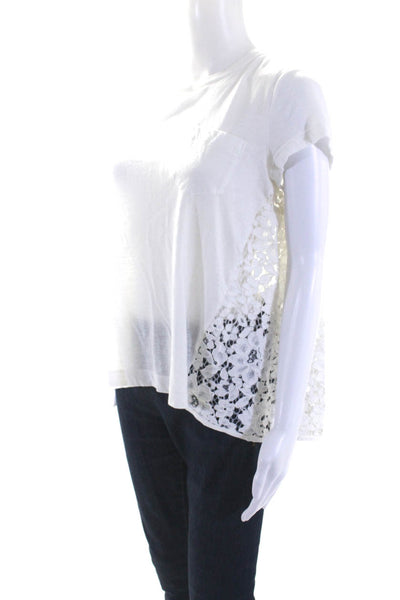 Designer Womens White Lace Trim Pocket Crew Neck Short Sleeve Blouse Top Size M