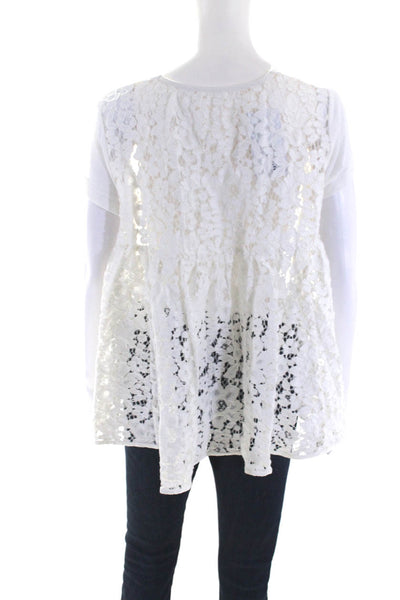 Designer Womens White Lace Trim Pocket Crew Neck Short Sleeve Blouse Top Size M