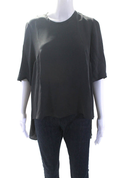 Morgane Le Fay Womens Solid Gray Silk Crew Neck Short Sleeve Blouse Top Size L