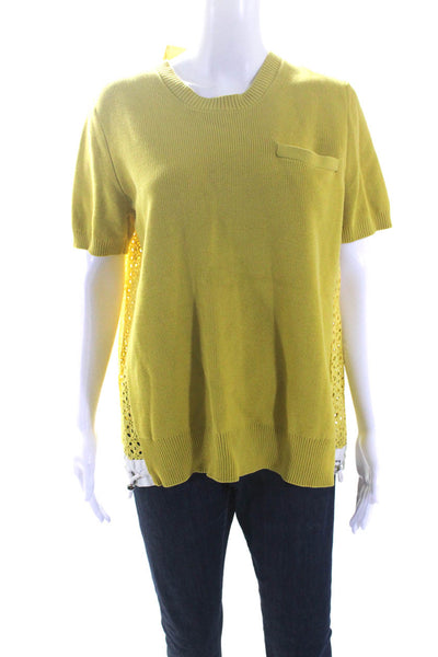 Designer Womens Yellow Ribbed Lace Trim Crew Neck Short Sleeve Blouse Top Size L
