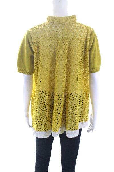 Designer Womens Yellow Ribbed Lace Trim Crew Neck Short Sleeve Blouse Top Size L