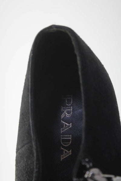 Prada Womens Suede Side Zipped Pointed Toe Block Heels Booties Black Size EUR40