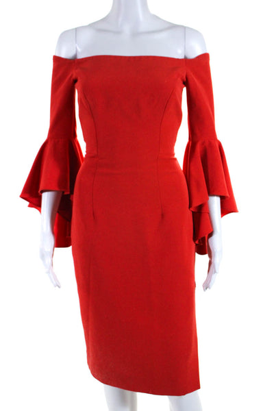 Milly Women's Off Shoulder Flounce Sleeve Slit Sheath Dress Red Size 2