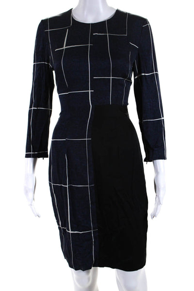 Whistles Women's Silk Long Sleeve Plaid Print Sheath Dress Blue Size 4
