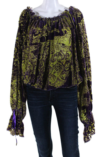 Just Cavalli Women's Velvet Abstract Print Off Shoulder Blouse Green Size 38