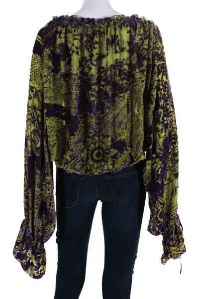 Just Cavalli Women's Velvet Abstract Print Off Shoulder Blouse Green Size 38