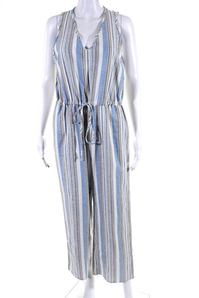 Drew Womens Striped Sleeveless Drawstring Waist Jumpsuit Blue White Tan Size M
