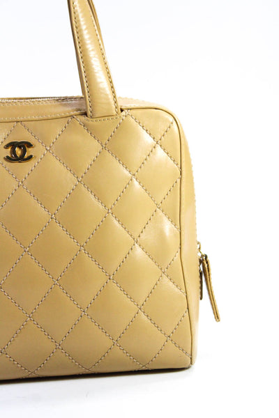 Chanel Womens Zip Top Quilted CC Surpique Bowler Handbag Brown Leather