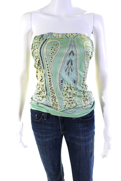 Elie Tahari Womens Paisley Print Strapless Blouse Green Yellow Size Small