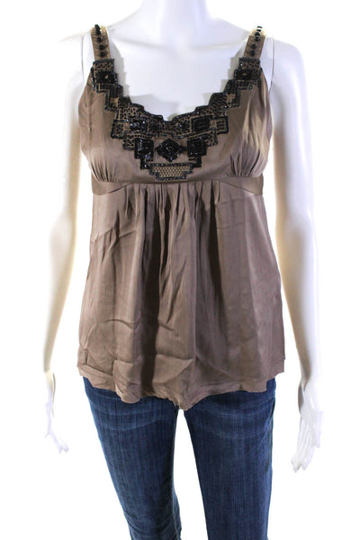 Elie Tahari Womens Silk Sequined Beaded Pleated Tank Top Cocoa Brown Size 4