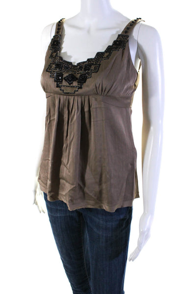 Elie Tahari Womens Silk Sequined Beaded Pleated Tank Top Cocoa Brown Size 4