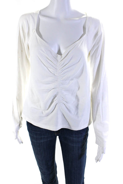 A.L.C. Womens Cotton Square Neck Long Sleeve Ruched Front Shirt White Size XL