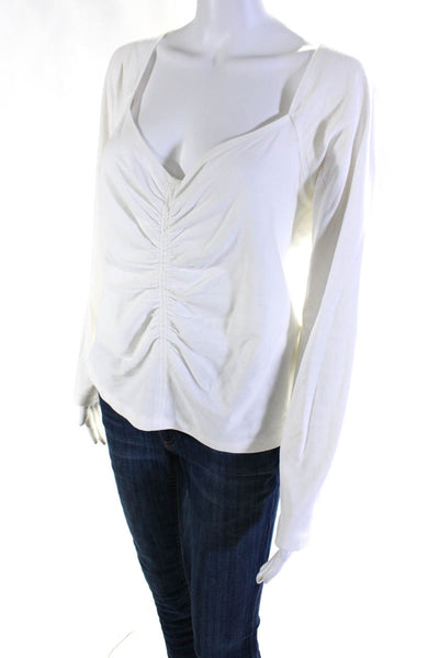 A.L.C. Womens Cotton Square Neck Long Sleeve Ruched Front Shirt White Size XL