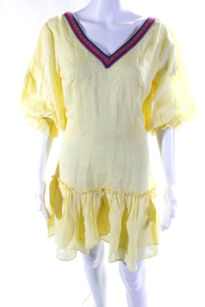 Pitusa Womens Half Sleeve Embroidered V Neck Ruffled Dress Yellow Cotton Size 2