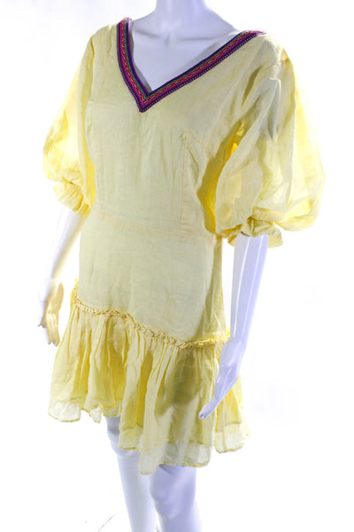 Pitusa Womens Half Sleeve Embroidered V Neck Ruffled Dress Yellow Cotton Size 2