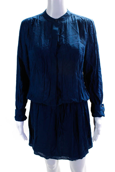 Vince Womens Long Sleeve Half Button V Neck Drawstring Dress Blue Size Small