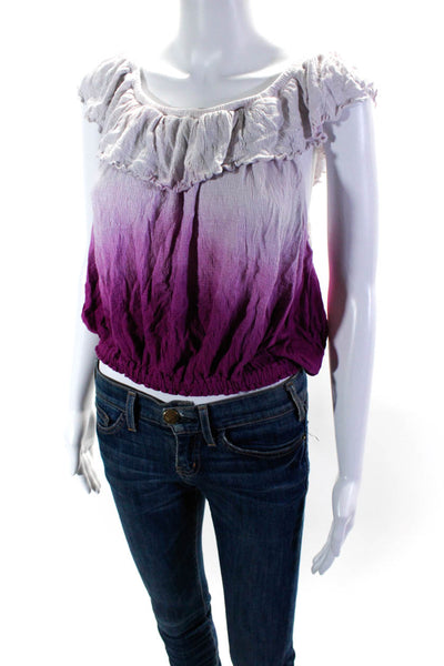 Free People Womens Ruffled Off Shoulder Ombre Knit Top Purple White Size Medium