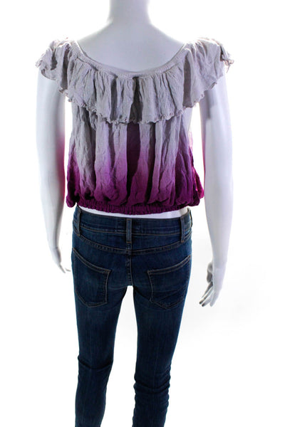 Free People Womens Ruffled Off Shoulder Ombre Knit Top Purple White Size Medium