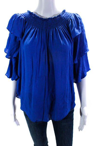 Artelier Nicole Miller Womens Off Shoulder Half Sleeve Silk Top Blue Size Medium
