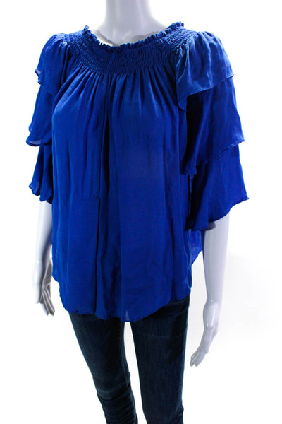 Artelier Nicole Miller Womens Off Shoulder Half Sleeve Silk Top Blue Size Medium