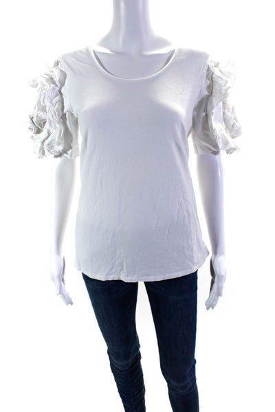 Badgley Mischka Womens Ruffled Short Sleeve Crew Neck Tee Shirt White Medium