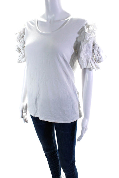 Badgley Mischka Womens Ruffled Short Sleeve Crew Neck Tee Shirt White Medium