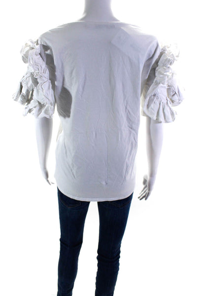 Badgley Mischka Womens Ruffled Short Sleeve Crew Neck Tee Shirt White Medium