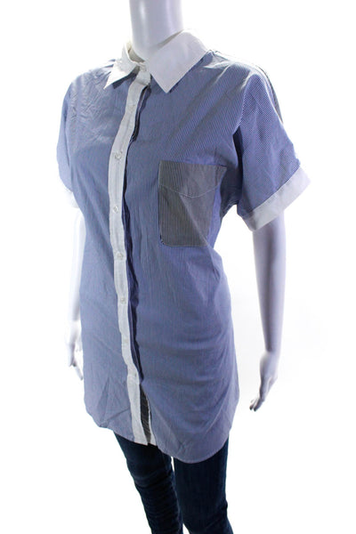 Sen Womens Button Front Short Sleeve Collared Striped Shirt White Blue Small