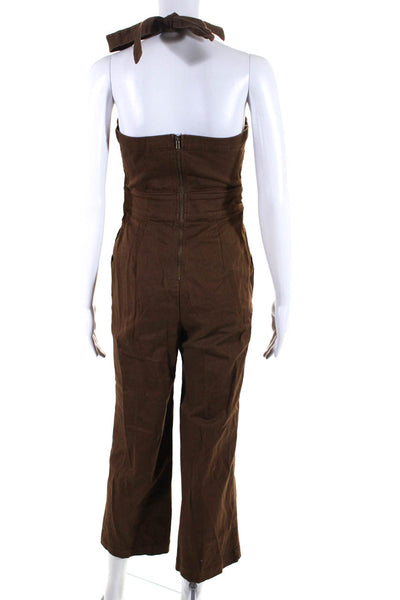 Moon River Womens Back Zip Halter Pleated Wide Leg Jumpsuit Brown Cotton Small