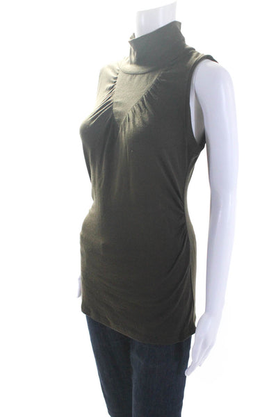 Theory Women's Collar Sleeveless Quarter Button Blouse Olive Green Size S