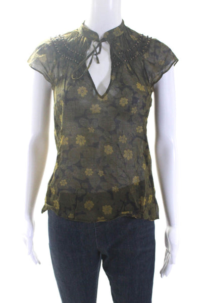 Theory Women's V-Neck Sleeveless Beaded Green Floral Cotton Blouse Size S