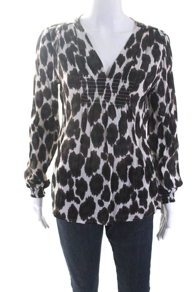 Michael Michael Kors Women's Long Sleeve Smocked Spotted Dot Blouse Brown Size X