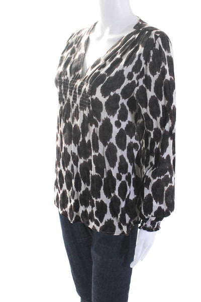 Michael Michael Kors Women's Long Sleeve Smocked Spotted Dot Blouse Brown Size X