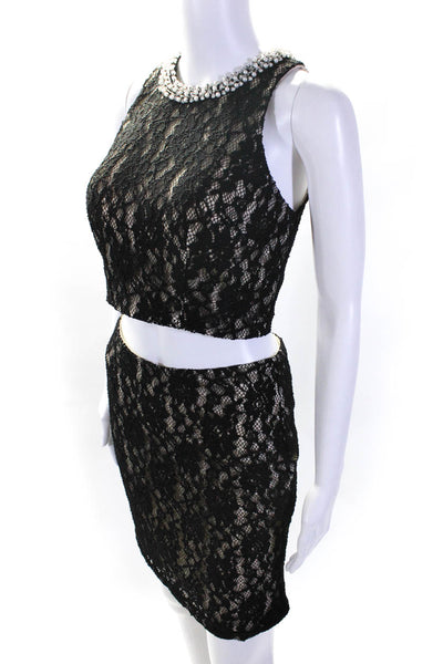 Eureka Women's Lace Bead Rhinestone Embellished 2 Piece Skirt Set Black Size S