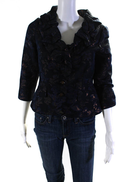 Rickie Freeman Teri Jon Womens Floral Buttoned Blazer Blue Bronze Tone Size 2