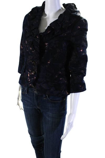 Rickie Freeman Teri Jon Womens Floral Buttoned Blazer Blue Bronze Tone Size 2